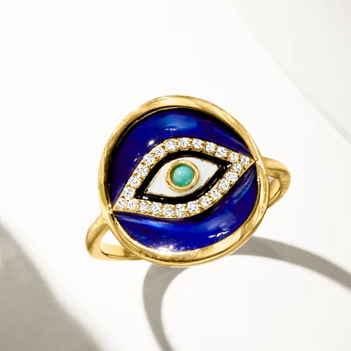 Vista 6 de Ross-Simons 0.10 ct. t.w. White Topaz and Multicolored Enamel Evil Eye Ring With Turquoise in 18kt Gold Over Sterling