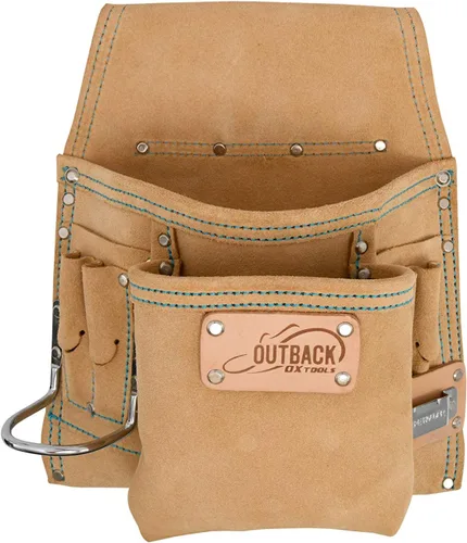 Vista 4 de OX - Bolsa de cuero con 2 bolsillos para cinturón de herramientas Construcción remachada, doble costura reforzada, se adapta a todos los tamaños