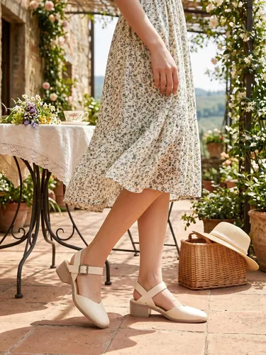 Vista 3 de Coutgo Zapatos de vestir de tacón bajo y grueso para mujer, con puntera cerrada, con correa de tobillo ajustable Beige