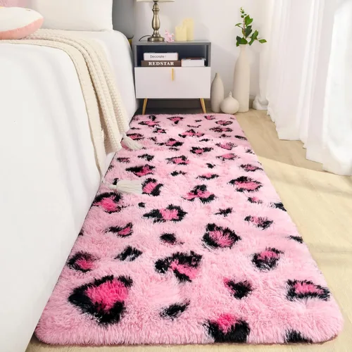 Vista 2 de BENRON Alfombras de pasillo rosas para dormitorio de niñas, estampado de leopardo, 2 x 6 pies para decoración de habitación de niños, guardería