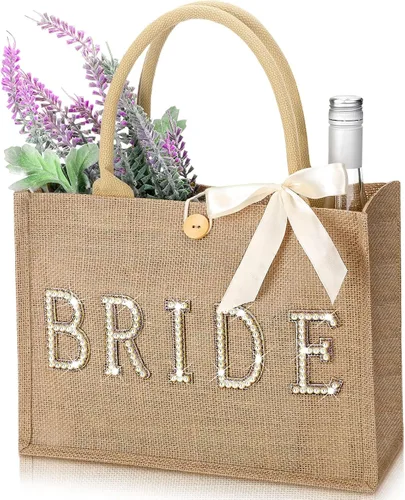 Vista 8 de Silkfly Bolsa de mano de novia de boda, regalo de despedida de soltera, bolsa de yute de playa con cinta para regalos de despedida de soltera