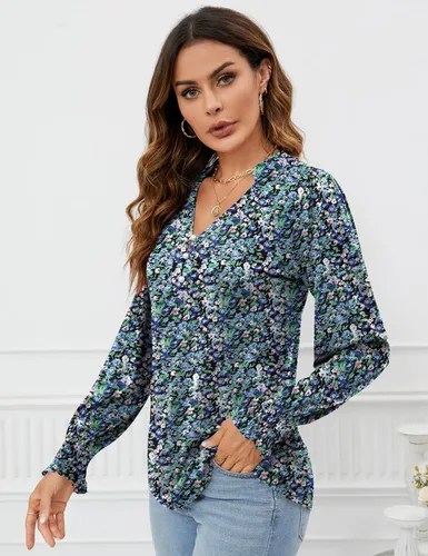 Vista 4 de Rapbin - Blusas tipo túnica con botones y cuello en V para mujer, manga larga abombada con puños con volantes, para otoño, camisetas elegantes e