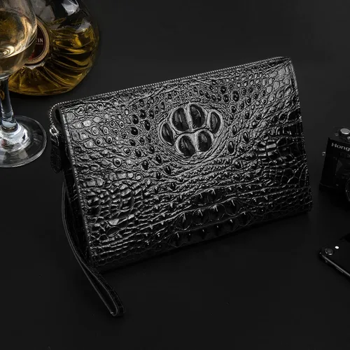 Vista 5 de Bolso de mano para hombre, bolso de cuero auténtico, bolso de mano, bolso de mano, bolso de sobre, cocodrilo en relieve, carteras personalizadas