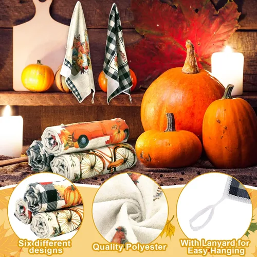 Vista 3 de Ganeen Juego de 6 toallas de mano de Acción de Gracias con texto en inglés «Hello Fall» en blanco y negro, vintage, calabaza, camión, motero