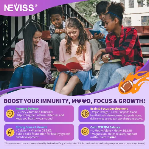 Vista 4 de NEVISS Gomitas multivitamínicas metiladas para adolescentes de 12 a 17 años con glicinato de magnesio, omega-3, L-teanina para adolescentes, niños