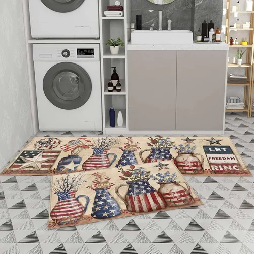Vista 9 de T&H XHome Alfombras de camino de cocina del Día de la Independencia, 4 de julio, vintage, azul y rojo, con bandera de Estados Unidos, jarrón