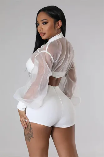Vista 3 de Conjunto de 2 piezas para mujer, de malla transparente, manga larga, corta, con cremallera, para verano, vacaciones, club