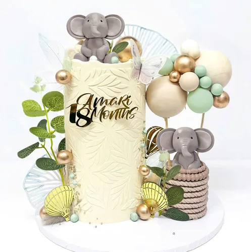 Vista 3 de 26 piezas de decoración de pasteles de elefante, bolas de perlas, palillos para pasteles, hojas de eucalipto, decoración de pasteles de elefante