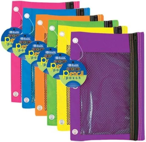 Vista 6 de Bolsa de lápiz de 3 anillos Bazic con ventana de malla., Rojo/Azul/Negro 1 Unidad