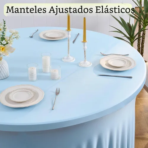 Vista 2 de Paquete de 6 manteles redondos de elastano azul bebé para mesa de 60 pulgadas, manteles elásticos de 120 pulgadas ajustables de 5 pies, manteles
