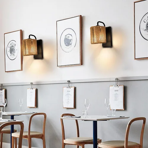 Vista 5 de Aplique de pared boho de ratán apliques de cuerda de cáñamo Estilo de ratán tejido