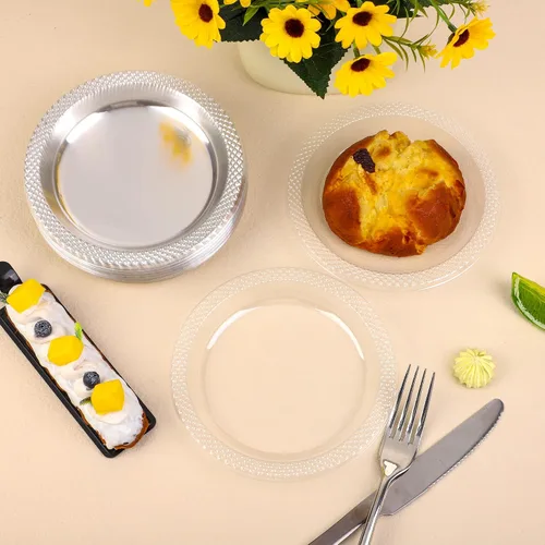 Vista 4 de Breroa 300 platos de plástico transparente de 6 pulgadas, pequeños platos redondos desechables para postre resistentes, platos de cena y fiesta