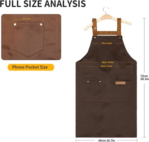 Vista 5 de MXY Delantal para mujeres y hombres, lona de cera ajustable, 5 bolsillos para herramientas, delantal de trabajo para tareas domésticas, cocina