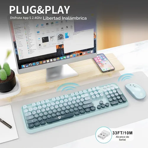 Vista 5 de Combo de teclado y mouse inalámbricos, teclado y mouse coloridos, teclado retro con 2.4 GHz Plug & Play, para Windows 11/10/7, portátil, PC (azul)