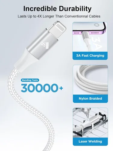 Vista 5 de Cable USB C a Lightning de 10 pies [certificado Apple MFi] Cargador rápido para iPhone USB C, suministro de energía, tipo C a Lightning, cable