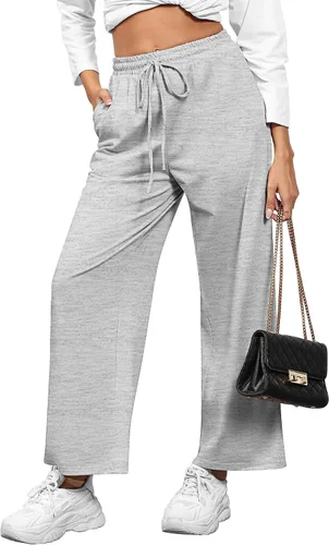 Vista 2 de Locoowai Paquete de 2 pantalones deportivos de pierna recta para mujer, con cordón, cintura elástica, holgados, pierna ancha, pantalones casuales