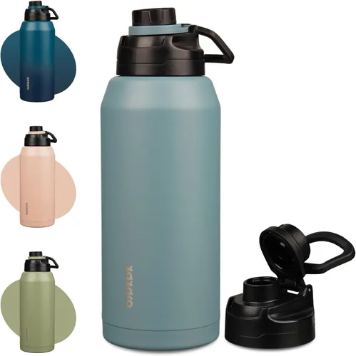 Vista 15 de BJPKPK Botella de agua aislada de 36 onzas, botellas de acero inoxidable con tapa de boquilla a prueba de fugas, jarra de agua grande de boca ancha