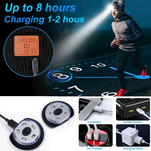 Vista 4 de Gorro Bluetooth con luz, gorro unisex recargable con auriculares Bluetooth inalámbricos, gorra de invierno para campamento, Navidad, cumpleaños