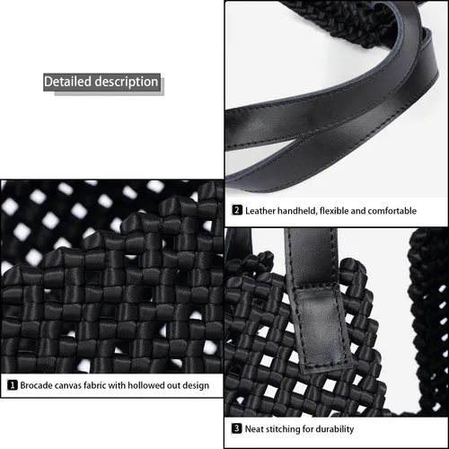 Vista 5 de JINMANXUE Bolso de mano tejido de satén de cuero para mujer, bolso hueco hacia fuera, 2 piezas, bolso de hombro femenino, bolso de comprador, bolso