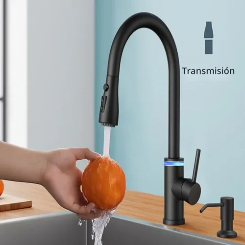 Vista 3 de Grifo de cocina táctil, rociador desplegable de 3 modos, sensor táctil activado, control de temperatura LED, rotación de 360 grados, placa de Negro