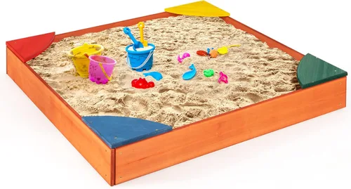Vista 8 de HONEY JOY Caja de arena de madera para niños, pozo de arena sin fondo para exteriores con 4 asientos esquineros integrados, cajas de arena de cedro