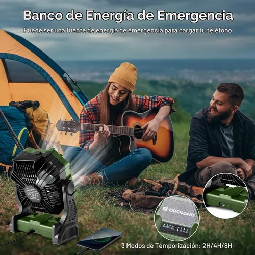 Vista 6 de Odoland Ventilador portátil para campamento con linterna LED, ventilador recargable a batería de 20,000 mAh con función de nebulización y luz