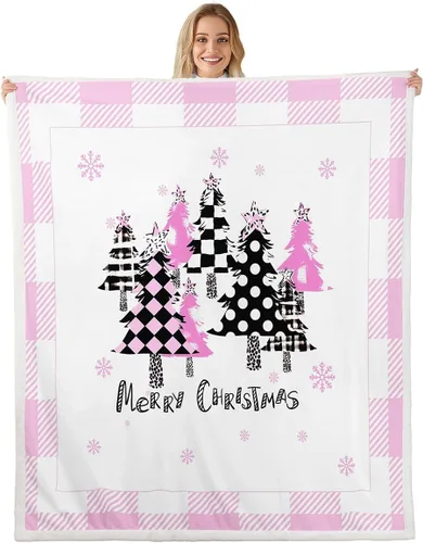 Vista 8 de Manfei Manta de Navidad con árbol de Navidad, muñeco de nieve, copo de nieve, para decoración de habitación de niños y niños, manta de rayas blancas
