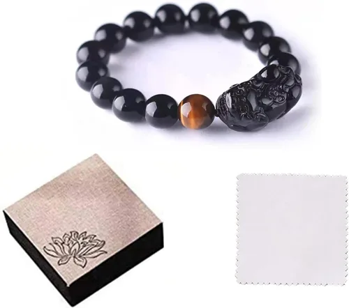 Vista 41 de Pulsera de obsidiana negra, pulsera de obsidiana negra Feng Shui para mujeres y hombres, pulsera elástica de obsidiana con piedra de ojo de tigre