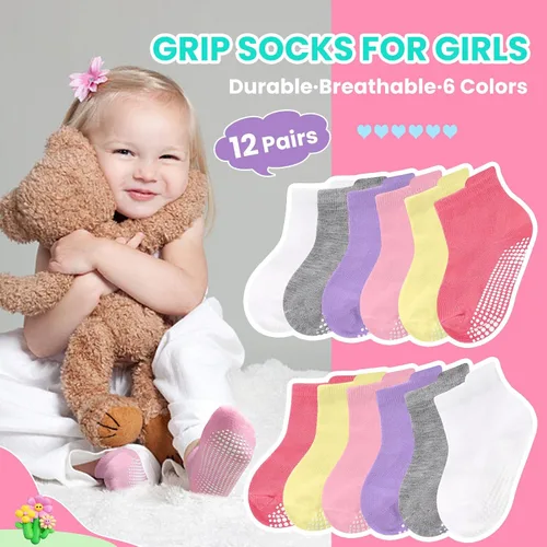 Vista 2 de HYCLES Calcetines para niña, 12 pares de calcetines antideslizantes para niñas de 1 a 7 años