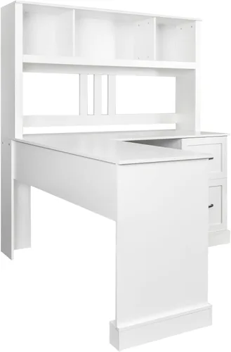 Vista 7 de Holaki Escritorio en forma de L, escritorio de computadora con cajones, estantería y gabinete, escritorio esquinero moderno, oficina en casa, mesa