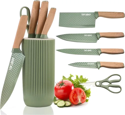 Vista 10 de Juego de cuchillos de cocina profesional de 7 piezas con bloque universal de cuchillos, juego de bloques de cuchillos súper afilados con mango Beige