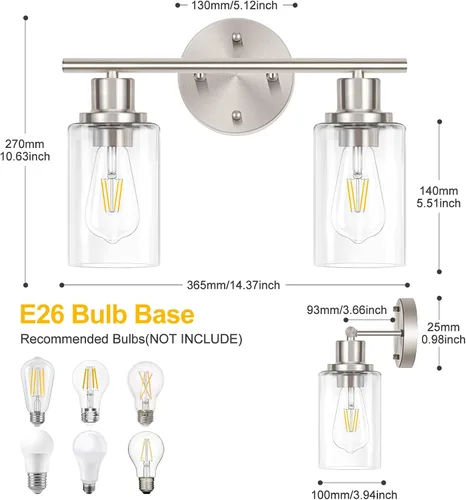 Vista 6 de Lámpara de pared de 2 luces, luz de tocador de baño sobre espejo Wall Sconce Light Fixture with Clear Glass Shade Brushed Nickel Modern Metal Wall