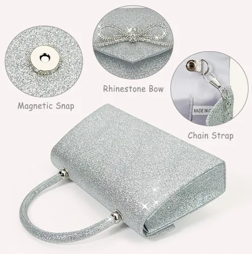 Vista 4 de Bolso de noche para mujer, con lazo brillante, bolso de mano para boda, fiesta, monederos con diamantes de imitación con purpurina para cóctel