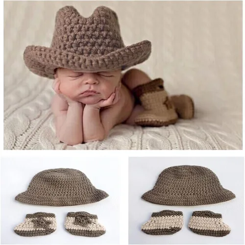 Vista 3 de Traje unisex de fotografía para recién nacido, sombrero de vaquero con zapato, disfraz de sesión de fotos para niños y niñas, Varios