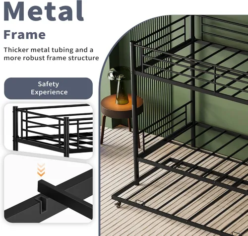 Vista 5 de Marco de cama individual sobre cama individual con nido, litera de metal con barandilla de protección y escaleras para adultos, se puede dividir