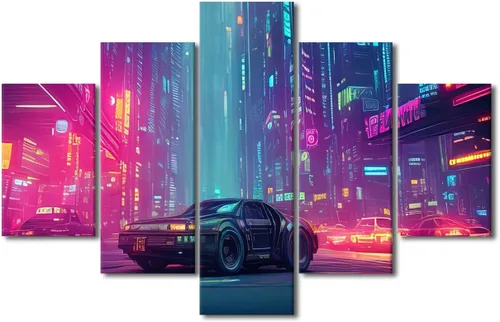Vista 90 de Póster de 5 paneles en lienzo para decoración de pared, diseño de centro urbano Cyberpunk, impresión moderna, decoración de pared para el hogar