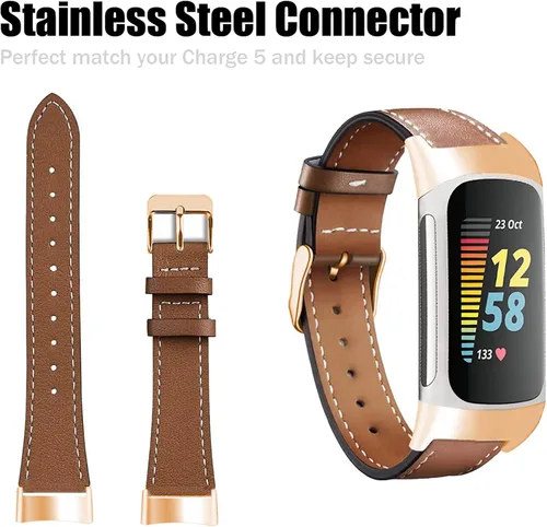 Vista 3 de Replacement Leather Band Compatible for Fitbit Charge 2/5/6, Classic Genuine Leather Wristband for Men Women