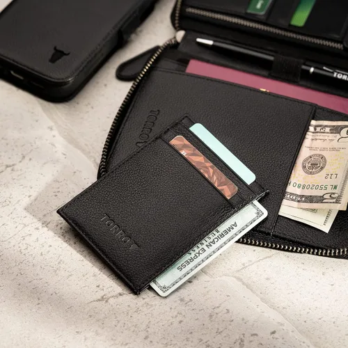 Vista 4 de TORRO Cartera de viaje - Organizador de viaje de cuero genuino con soporte para pasaporte y tarjetero desmontable, Negro, talla única , Contemporáneo
