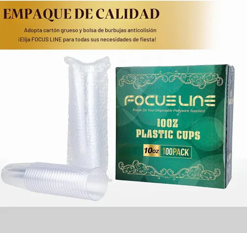 Vista 7 de FOCUSLINE Vasos de plástico transparente de 10 onzas, vasos desechables de plástico duro, reutilizables, 100 unidades Vasos desechables