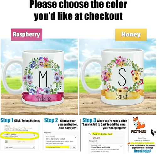 Vista 2 de Personalized Name Coffee Mug Monogram Initial Cup Floral Mug with Name and Letter Microwave and Dishwasher Safe Ceramic