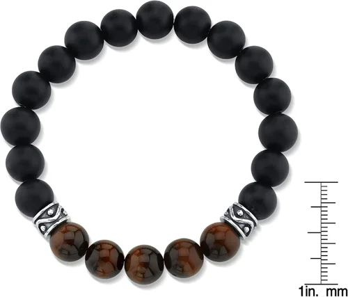 Vista 4 de SPARTAN Brazalete de cuentas para hombre con ágata negra mate y varias gemas con conectores de plata de ley 925, 0.394 in