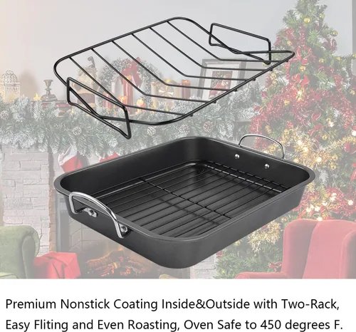 Vista 6 de Kitcom - Sartén para asar antiadherente con estante, juego de asador rectangular de 16 pulgadas x 11.5 pulgadas para asar pavo, pollo, carne