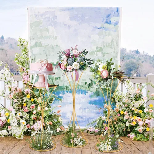 Vista 7 de chamvis Soporte para plantas de metal dorado, 3 soportes de pedestal cilíndrico alto para fiestas y bodas, mesas cilíndricas redondas doradas