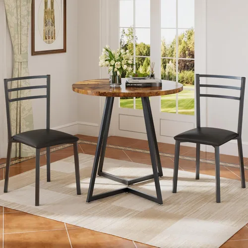 Vista 7 de VECELO Mesa de cocina redonda pequeña con 2 sillas tapizadas, juegos de comedor de madera de 3 piezas con marco de acero para rincón de desayuno