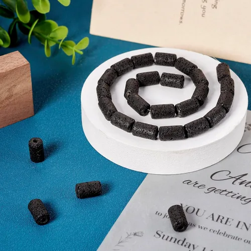 Vista 6 de Craftdady 25 cuentas de piedra de lava negra natural, tubo de columna, piedras preciosas volcánicas, cuentas sueltas para curación de energía