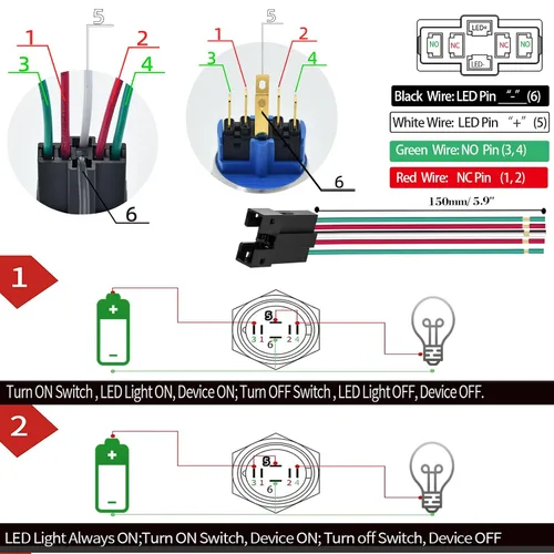 Vista 5 de 2 interruptores de botón de cierre de 0.866 in, 7/8 pulgadas, 110 V-120 V, SPDT, interruptor de encendido y apagado, impermeable, IP67, acero Azul