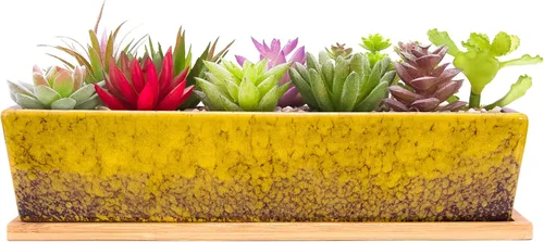 Vista 10 de Macetas para suculentas, macetas grandes de 12.1 pulgadas con bandeja de drenaje, maceta rectangular larga de cerámica para cactus de Azul