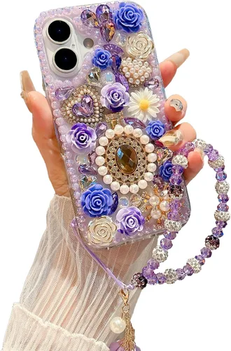 Vista 32 de iFiLOVE para iPhone 7 Plus/8 Plus Funda con Diamantes Brillantes y Correa de Flores, 3D Lujo Brillante Purpurina Cristal Diamantes de Imitación