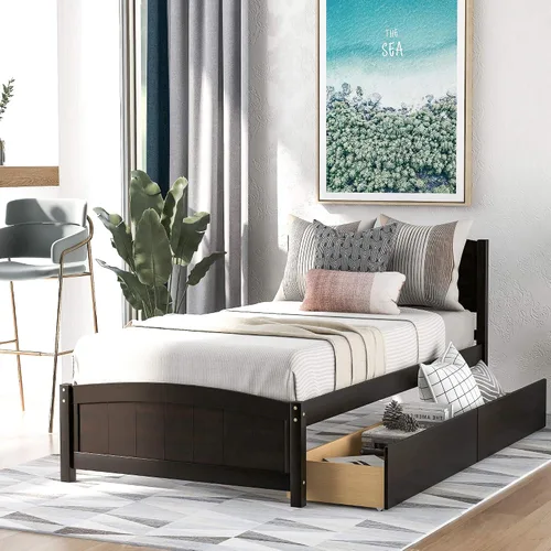 Vista 17 de Harper & Bright Designs Cama individual con cajones, cama individual de plataforma para niños con almacenamiento, plataforma de madera maciza,
