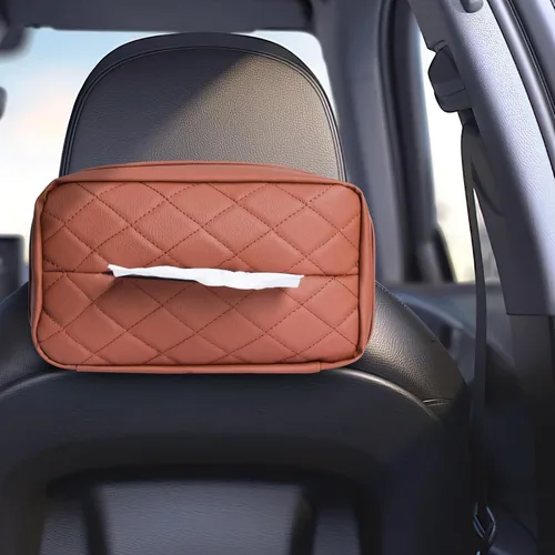 Vista 8 de Elegante soporte rectangular de piel sintética beige para caja de pañuelos de coche, 9.5 x 3.9 x 5.5 pulgadas (120 hojas)